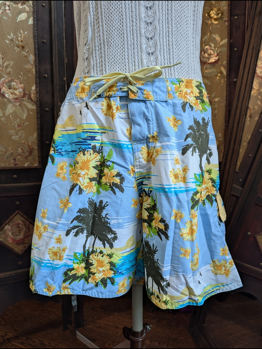 Panama Jack Blue And Yellow Tropical Floral Swim Shorts Boardshorts Velcro Tie